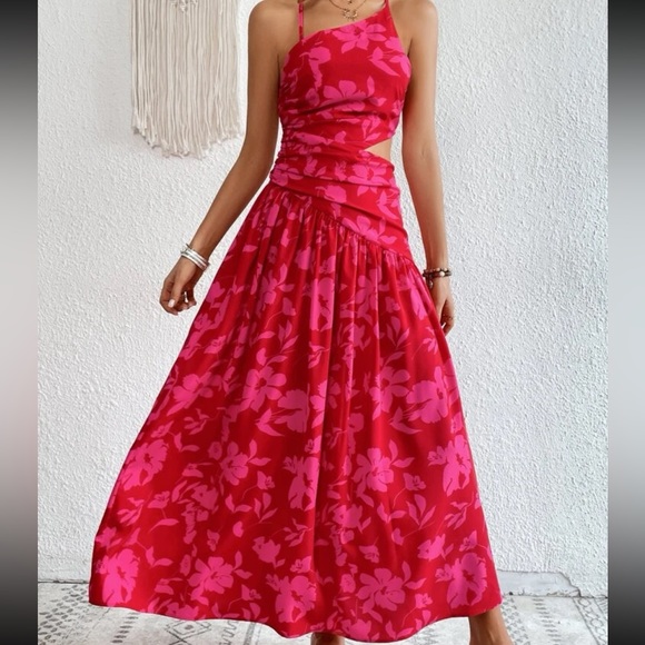 Boho Floral Print Criss Cross Open Back Ruched Cut Out Maxi Dress - Picture 7 of 9